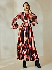 levne Květinové šaty-Dámské Volnočasové šaty Maxi dlouhé šaty Hnědá Dlouhý rukáv Geometrický Potisk Podzim zima Do U Bohemian Style S M L
