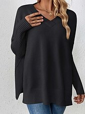 abordables Couleurs unies-Femme Pull Chandail Elégant Mode du quotidien Couleur unie Col V Tricoté manche longue Hauts longs Tricoter Travail Noir Jaune Automne Hiver