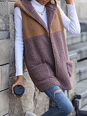 preiswerte Puffers &amp; Parka-Damen Fleecejacke Fleece-Weste Teddy-Mantel warm halten Atmungsaktiv Patchwork Tasche Innenfutter aus Fleece Brautkleider schlicht Farbblock Urlaub Strasse Freizeitskleidung Ausgehen Öffnung vorne
