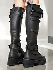 economico Stivali da combattimento-stivali da combattimento neri da donna con tasche laterali – stivali da motociclista con lacci e tacco spesso con cinturino con fibbia, perfetti per avventure all&#039;aria aperta e street style