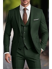 preiswerte Anzüge-Herren Hochzeit Party-Abendmode Anzüge Gekerbtes Revers Burgunderrot Dunkelgrün Mode Geschäftlich Einfarbig Standard Passform 3-teilig Einreihige Zwei-Knopf-Jacke