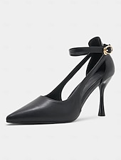 abordables tacones kitten-Tacones de aguja negros para mujer con correa en el tobillo: elegantes zapatos de punta puntiaguda para fiestas de noche y eventos formales