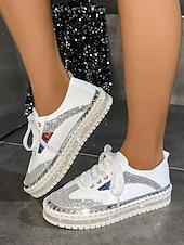 cheap Women&#039;s Sneakers-Women&#039;s Glitter-Accented Black Lace-Up Sneakers – Rhinestone Embellished, Colorful Casual Athletic Shoes for Fashionable Everyday Wear