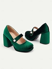 cheap 1950s-Women&#039;s Green Velvet Mary Jane Block Heels with Pearl Accent – Retro Platform Pumps for Party and Formal Events
