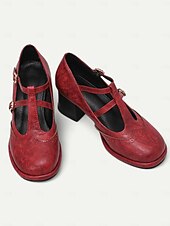 ieftine anii 1950-tocuri vintage roșii Mary Jane de damă – curea cu cataramă dublă, toc bloc retro, perfecte pentru ocazii formale și casual