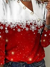 economico T-shirt floreale-Maglietta da donna Henley pullover ombré fiocco di neve pullover rosso bianco maniche lunghe comfort casual top per autunno inverno