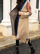 abordables Cardigans et vêtements d&#039;extérieur-Femme Gilet Cardigan Mode du quotidien Géométrique Ouvrir le devant Franges manche longue Hauts longs Tricoter Extérieur Sortie Fin de semaine Noir Chameau Automne Hiver