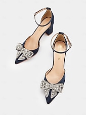 preiswerte Halbformell-Damen Pumps aus Satin mit Blockabsatz und Strass-Schleife – elegante formelle Pumps für Hochzeiten und besondere Anlässe