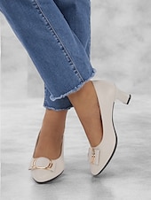 cheap Block Heels-Women&#039;s Beige Low Block Heel Pumps with Gold Buckle and Flexible Sole – Comfortable Slip-On Shoes for Office and Formal Wear