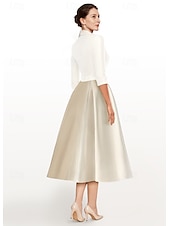 baratos Vestidos de Cocktail-Vestido Mãe da Noiva A-Line Vestido Tuxedo Vestido Elegante Decote V Comprimento Chá Cetim Manga 3/4 com Pregas Cor Block Vestidos Derby 2025 tamanho personalizado grátis