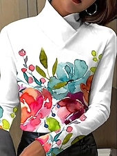 economico T-shirt a righe e geometrico-T-shirt tunica donne geometrica elegante maniche lunghe maniche a bolla asimmetrica quotidiana nero bianco rosa rosa polverosa autunno inverno
