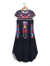 abordables Robes Boho-Robe Maxi Femme Robe Décontractée Vintage Vacances Ajustement Régulier Fleurie Manches Courtes Col Ras du Cou Noir Jaune Kaki Été