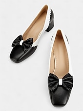 cheap 1950s-Women&#039;s Black and White Block Heel Pumps with Bow Detail – Vintage-Inspired Low-Heel Shoes for Office, Casual, and Dressy Occasions