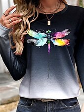 billiga Djur tee-Dam T-shirt Trollslända Ledigt Långärmad Rund hals Vanliga toppar Dagligen Helgen Mönster Marinblå Höst Vinter