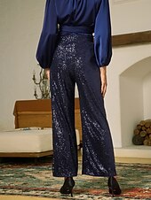 abordables pantalons de fête pour femmes-Femme Pantalon à paillettes Toute la longueur Elégant Fête / Soirée Noir bleu marine Printemps &amp; Automne S M L