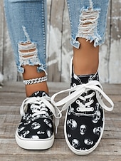 economico Per le donne-sneakers da donna con lacci e stampa teschio – scarpe basse casual gotiche con suola bianca, perfette per Halloween e per lo street style quotidiano
