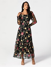preiswerte abendkleider-Damen schwarzes kleid Maxidress Rüsche Bestickt Elegant Quadratischer Ausschnitt Langarm Schwarz Farbe