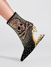 abordables Bottines-bottines noires à tête de mort pour femmes avec ornements en strass et talons découpés dorés – talons audacieux pour la mode gothique et les fêtes