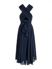 abordables Robes pour invitées de mariage-Robes de Mariage Invité A-Line Robe Élégante Formelle Fête de Mariage Longueur Thé Sans Manches Une Épaule Invité de Mariage Automne Chiffon avec Fronces 2025