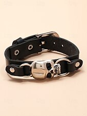 cheap Men&#039;s Jewelry-Men&#039;s Black Leather Bracelet with Silver Skull Charm – Gothic Punk Adjustable Wristband for Halloween and Biker Style
