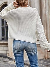 preiswerte Einfarbige Farben-Damen Pullover Elegant Modisch Täglich Feste Farbe Rundhalsausschnitt Strick Textur Langarm Normale Oberteile Stricken Arbeit Schwarz Weiß Herbst Winter
