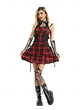 levne Šaty-Punk a gotika Steampunk Šaty Sada příslušenství Gotická dívka Kostkovaný Maškarní kostým Dámské předvečer Všech svatých Karneval Párty Dospělé Šaty Více doplňků