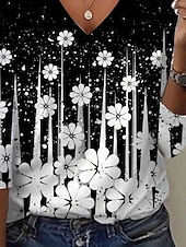 cheap Floral tee-Women&#039;s Tunic T Shirt Fashion Casual Print Long Sleeve Regular Tops V Neck Daily White Spring Fall