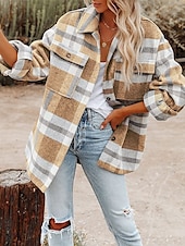 cheap Winter Coats-Women&#039;s Shirt Jacket Shacket Warm Breathable Buttons Pocket Print Casual Plaid Vacation Street Daily Wear Going out Single Breasted Regular Turndown Regular Fit Long Sleeve Outerwear Black Khaki