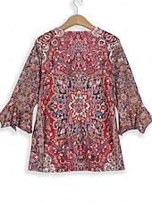 ieftine tricou boho-Pentru femei Tricou Cămașă Henley Floral Epocă Έθνικ Zilnic De Bază Lungime Manșon 3/4 În V Topuri obișnuite Concediu Sfârșit de săptămână Nasturi Imprimeu Roșu-aprins Mov Trifoi Kaki Gri Toamna iarna