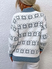 billiga Grafiska mönster och detaljer-stickad snöflingatröja dam höghalsad långärmad ribbad textur vit ljusblå vinter festlig semester kläder med normal passform