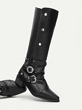 お買い得  カウボーイ＆ウエスタンブーツ-バックルストラップとスタッズディテールを備えた女性用ブラックニーハイブーツ - カジュアルにもパーティーにも使えるゴシックスタイルのモーターサイクルブーツ