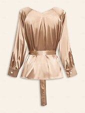 baratos Blusas e Camisas-blusa elegante decote em v com cinto dourado de cetim
