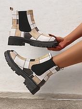 preiswerte Chelsea -Stiefel-mehrfarbige Chelsea-Stiefel im Patchwork-Stil für Damen – moderne dicke Sohle mit elastischen Seiteneinsätzen für Retro- und Casual-Styling