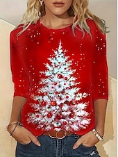 tanie Bożonarodzeniowe szczyty-Koszula T dla kobiet Choinka Okrągły dekolt Czerwony Świąteczny Okazjonalny Wyjściowy wygodny rozmiar topów dostępnych Przedwiosna