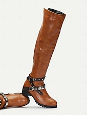 abordables Botas para montar-Botas de montar occidentales hasta la rodilla para mujer con correas de hebilla: botas altas hasta el muslo de cuero sintético de estilo vintage para uso informal y al aire libre