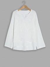 cheap Lace Tops-Women&#039;s Shirt Blouse Dressy Tops Solid Color Plain Stylish Basic Long Sleeve Notched Neck Regular Tops Daily Embroidered Eyelet Black White Orange Summer Spring Fall