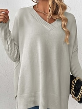 abordables Couleurs unies-Femme Pull Chandail Elégant Mode du quotidien Couleur unie Col V Tricoté manche longue Hauts longs Tricoter Travail Noir Jaune Automne Hiver