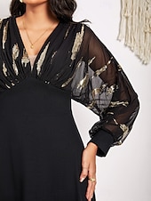cheap Plain Dress-Women&#039;s Long Dress Sheer Feather Print Sleeves V-neck Black Festive Party Elegant Maxi Winter Fall Clothing Apparel