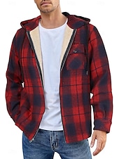 preiswerte Herrenjacken &amp; Herrenmäntel-Herren Hemdjacke Kapuzenjacke Shacket Flanell-Fleecejacke Täglich Urlaub warm Mit Kapuze Herbst Winter Schottenstoff Kariert Modisch Strassenmode Kargen Standard Schwarz Dunkelrot Hellgrün Rote Blau