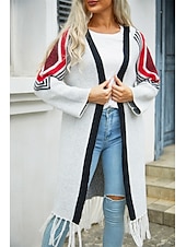 abordables Cardigans et vêtements d&#039;extérieur-Femme Gilet Cardigan Mode du quotidien Géométrique Ouvrir le devant Franges manche longue Hauts longs Tricoter Extérieur Sortie Fin de semaine Noir Chameau Automne Hiver