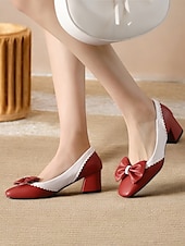 cheap 1950s-Women&#039;s Black and White Block Heel Pumps with Bow Detail – Vintage-Inspired Low-Heel Shoes for Office, Casual, and Dressy Occasions