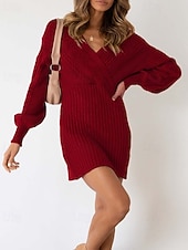 abordables mini robe noire-robe pull femme quotidien élégant couleur unie col en V col en V manches évêque manches longues hauts réguliers tricot formel extérieur noir rouge automne hiver