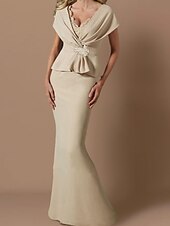 cheap Floor Length-Sheath Mother of the Bride Dress Wedding Guest Elegant V Neck Floor Length Satin Short Sleeve with Ruffles Crystal Brooch Ruching free custom size