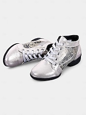 economico Scarpe per balli latini-scarpe da ballo da donna con lacci color argento, pannelli floreali in rete e suola morbida, ideali per balli da sala, latino e jazz
