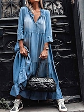 abordables Robes en jean-Robe de travail Robe casual Femme robe longue Elégant Mode A Volants Col V manche longue Bureau du quotidien Plein Ample Noir Bleu Printemps Automne S M L XL 2XL