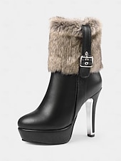 olcso Női karácsonyi cipők-női piros magassarkú szőrme díszítésű karácsonyi csizma platform és csat részlettel – ünnepi téli ünnepi cipő