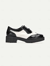 preiswerte Vintage-Schuhe für Damen-Damen-Oxford-Schuhe in Schwarz und Weiß im Brogue-Stil – Schnürschuhe aus Lack-Kunstleder, dicke Sohle, Vintage-Stil für formelle und legere Kleidung