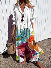 cheap Vacation Dresses-Women&#039;s Floral Graphic Print V Neck Flared Sleeve Maxi Dress Half Sleeve Spring Fall