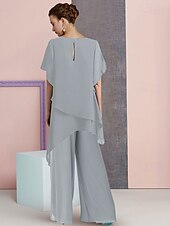 abordables Combinaisons pour maman-Ensemble de deux pièces combinaison  pantalon pour mère de la mariée invitée de mariage élégant grande taille col rond longueur totale chiffon manches courtes avec couleur unie 2025 taille
