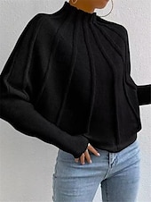 cheap Graphic Patterns &amp; Details-Women&#039;s Sweater Fashion Daily Solid Color Mock Neck Knitted Textured Batwing Sleeve Long Sleeve Regular Tops Knit Home Work Daily Black White Fall Winter